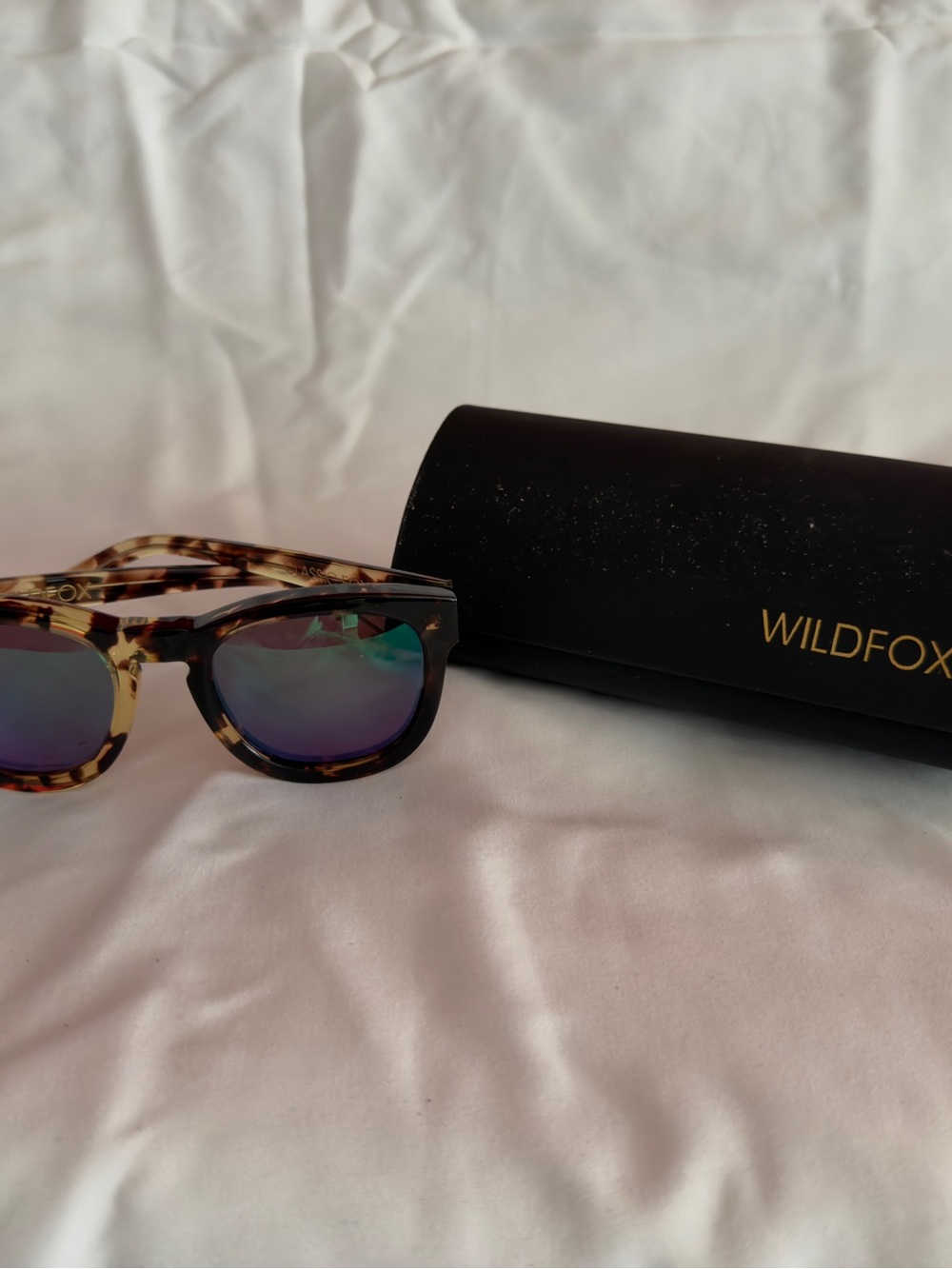 Wildfox Tortoise Frame Sunglasses with Blue-Green Mirrored Lenses